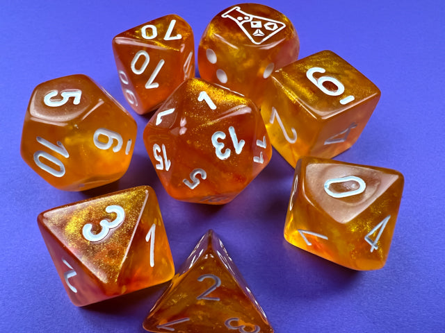 Lab Dice 6: Borealis Blood Orange/white Luminary Polyhedral 7-Die Set (with bonus die)