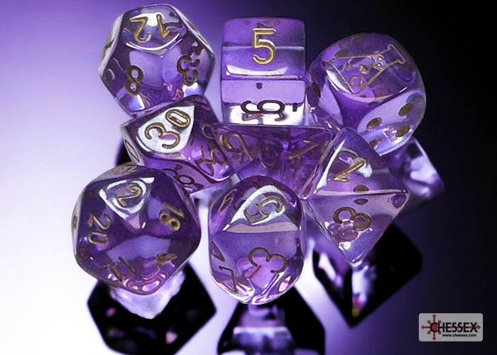 Lab Dice 7: Translucent Polyhedral Lavender/gold 7-Die Set (with bonus die)