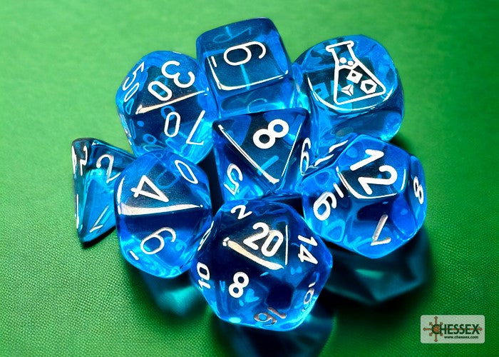 Lab Dice 7: Translucent Polyhedral Tropical Blue/white 7-Die Set (with bonus die)