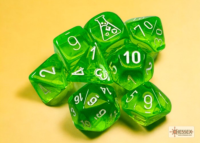 Lab Dice 7: Translucent Polyhedral Rad Green/white 7-Die Set (with bonus die)