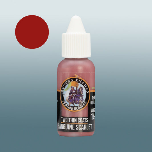 Two Thin Coats Paint Bottle and Color Swatch for Sanguine Scarlet