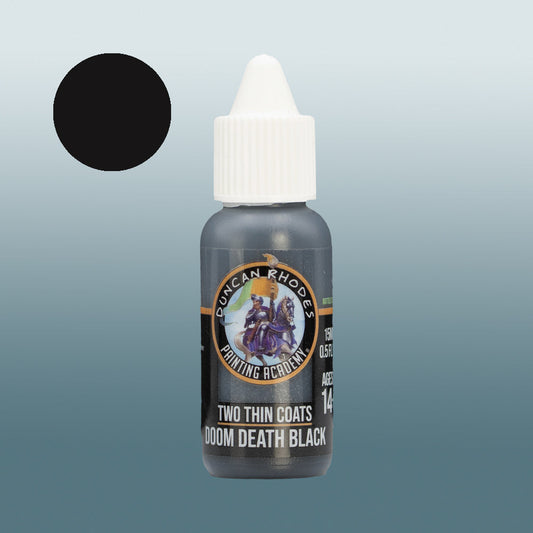 Two Thin Coats Paint Bottle and Color Swatch for Doom Death Black