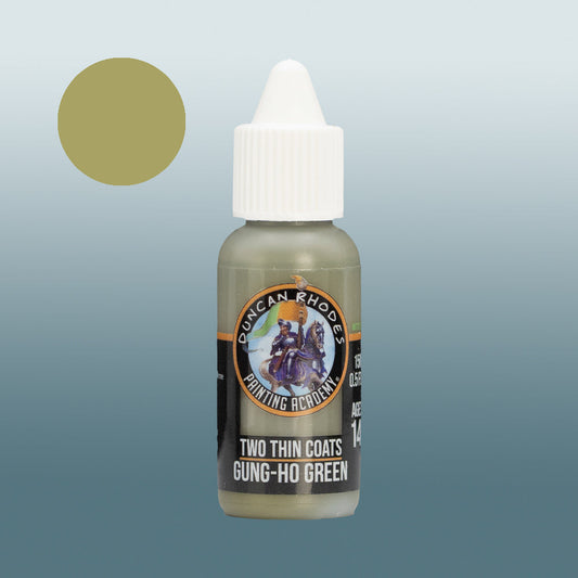 Two Thin Coats Paint Bottle and Color Swatch for Gung Ho Green