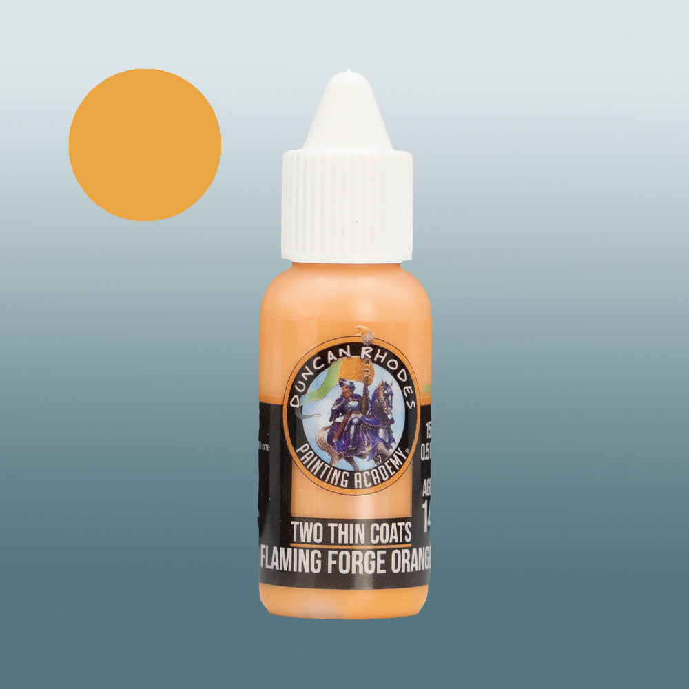 Two Thin Coats Paint Bottle and Color Swatch for Flaming Forge Orange