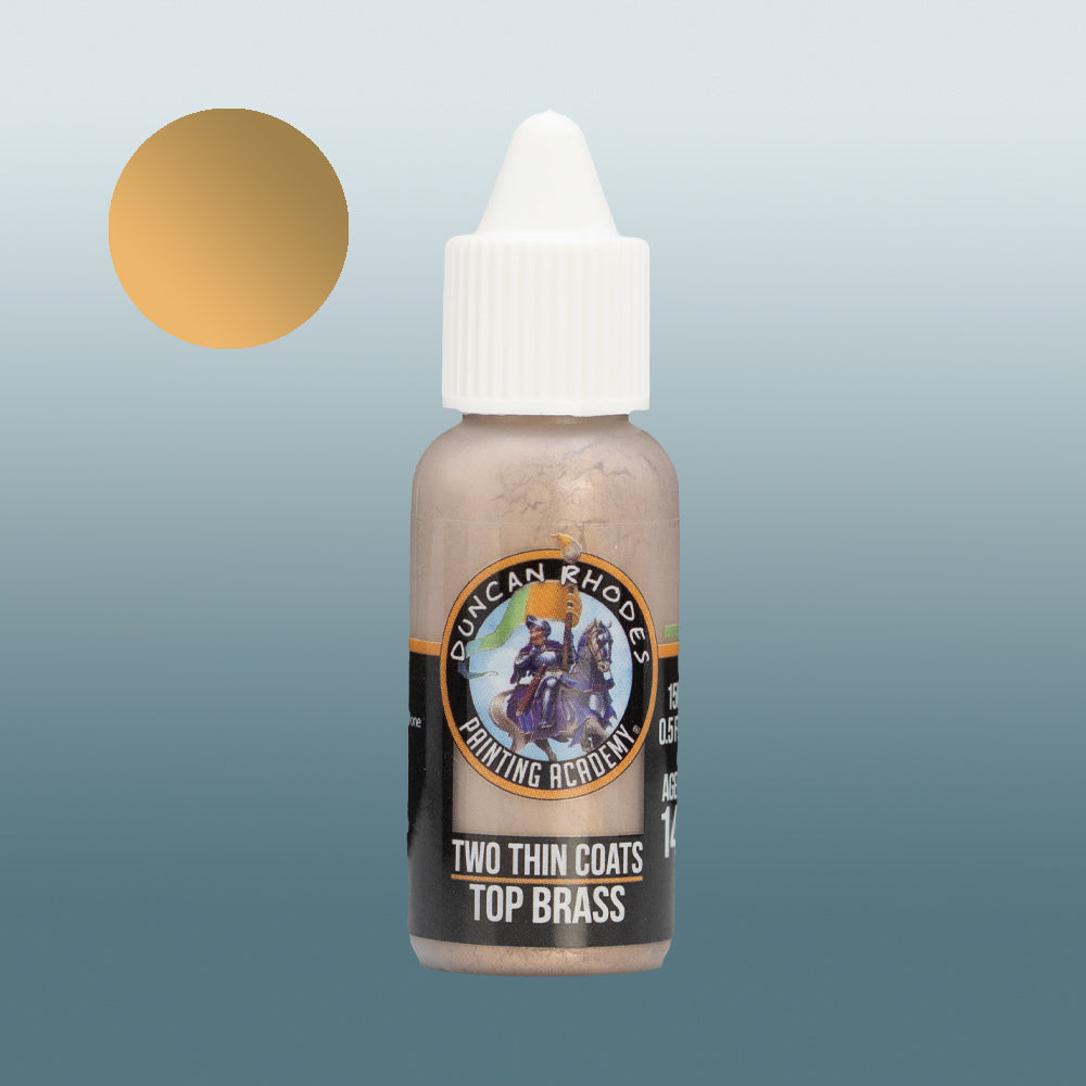 Two Thin Coats Paint Bottle and Color Swatch for Top Brass