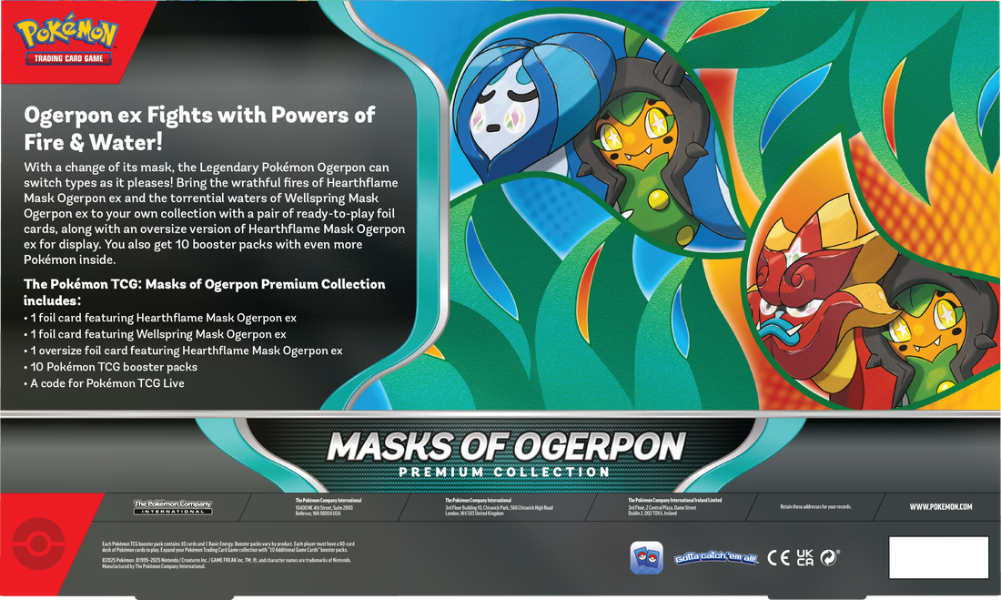 Pokémon Ogerpon trading card game premium collection packaging with characters and text.