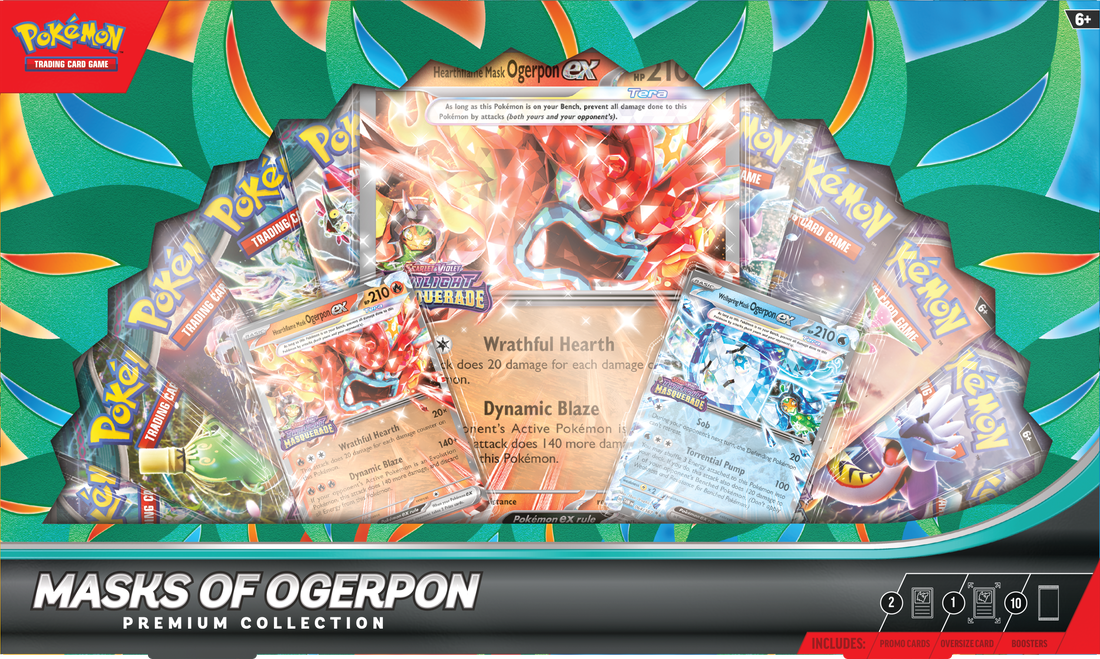 Pokémon trading card game packs with 'Masks of Ogerpon' theme on a colorful background