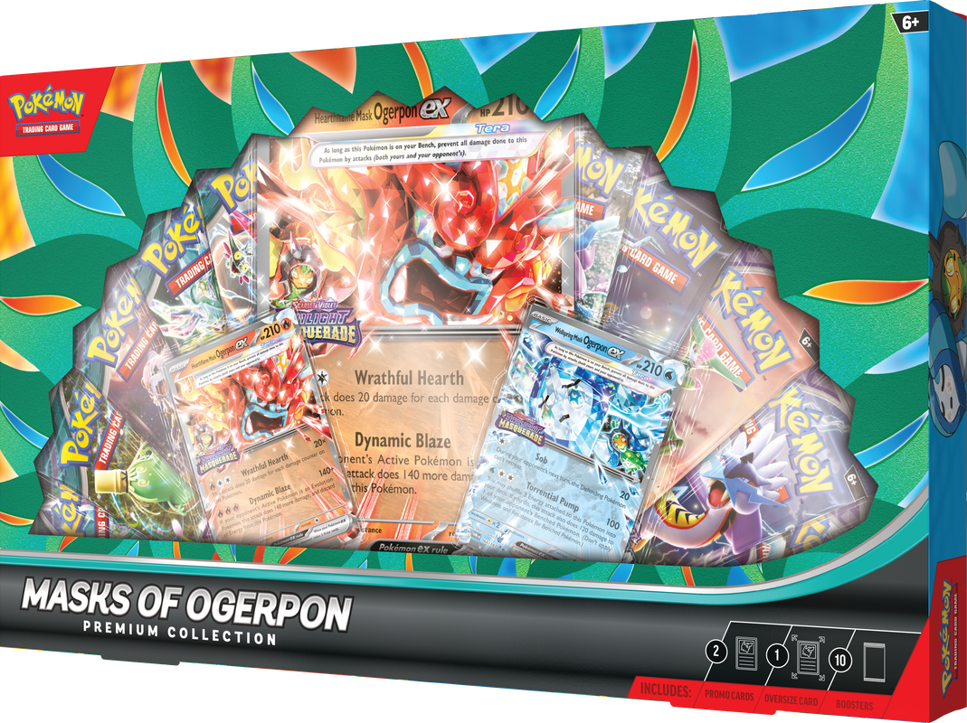 Pokémon trading card game packaging with cards and artwork on a colorful background