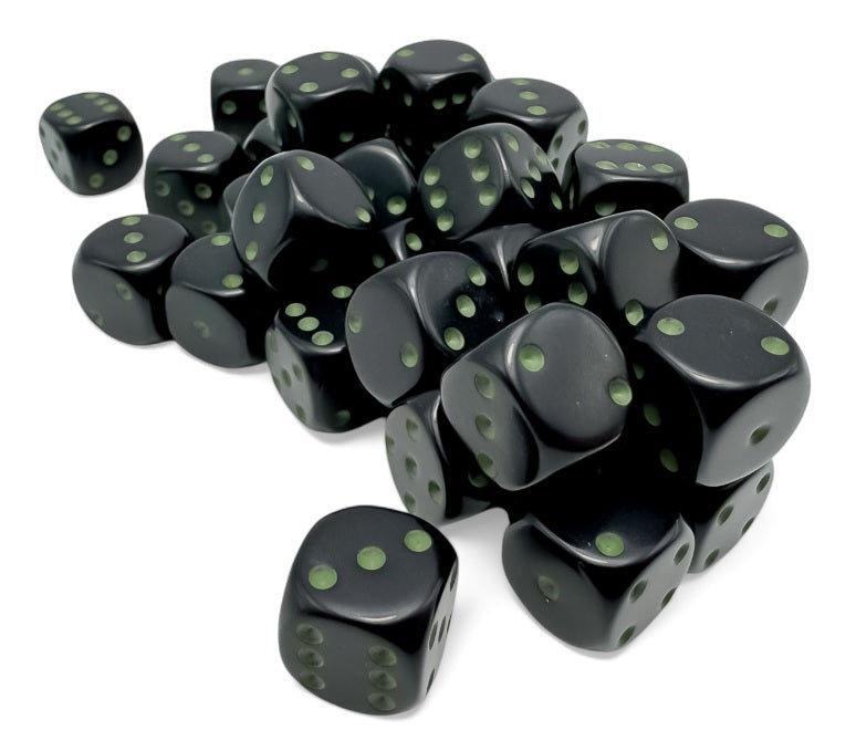 Opaque 12mm d6 Black/green Dice Block (36 dice)