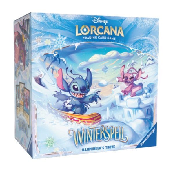 Disney Lorcana trading card game box featuring Stitch and Angel with a wintery design.