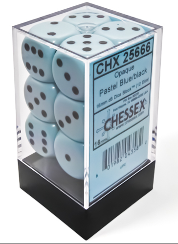 Pastel Blue/black Opaque 16mm d6 Dice Block (12 dice)