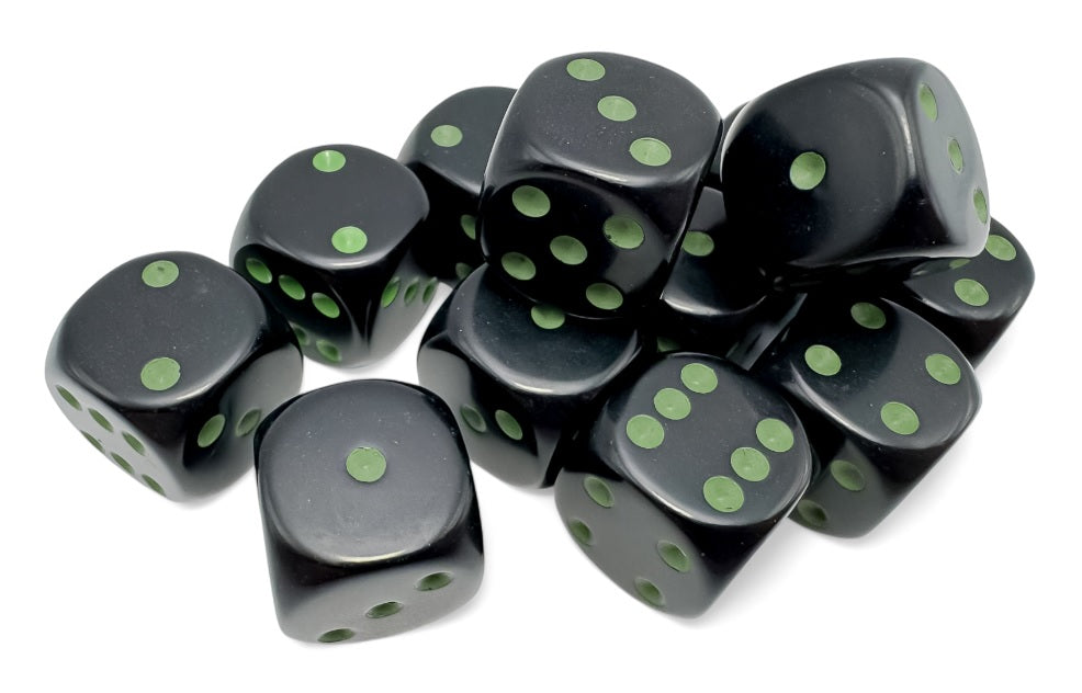 Opaque 16mm d6 Black/green Dice Block (12 dice)