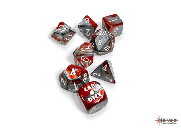 Lab Dice 8: Gemini Red-Steel/white Polyhedral 7-Die Set (with bonus die)