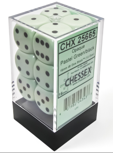 Pastel Green/black Opaque 16mm d6 Dice Block (12 dice)