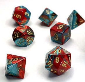 Gemini: Mini-Polyhedral Red-Teal/gold 7-Die Set