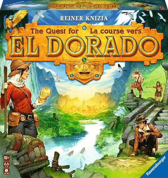 Board game box for 'The Quest for El Dorado' by Ravensburger with characters and landscape illustration.