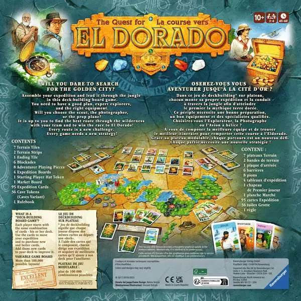 Board game packaging for 'The Quest for El Dorado' with game components and rules.