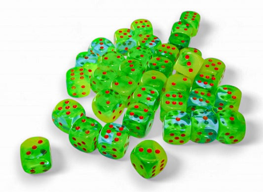 Gemini: 12mm d6 Plasma Green-Teal/orange Luminary Dice Block (36 dice)