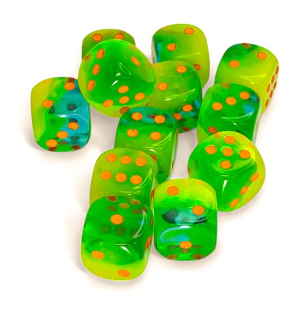 Gemini: 16mm d6 Plasma Green-Teal/orange Luminary Dice Block (12 dice)