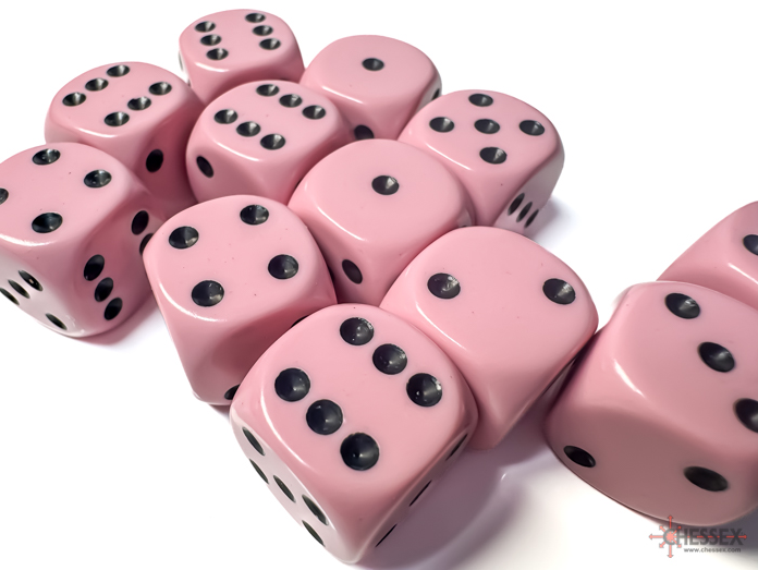 Pastel Pink/black Opaque 16mm d6 Dice Block (12 dice)