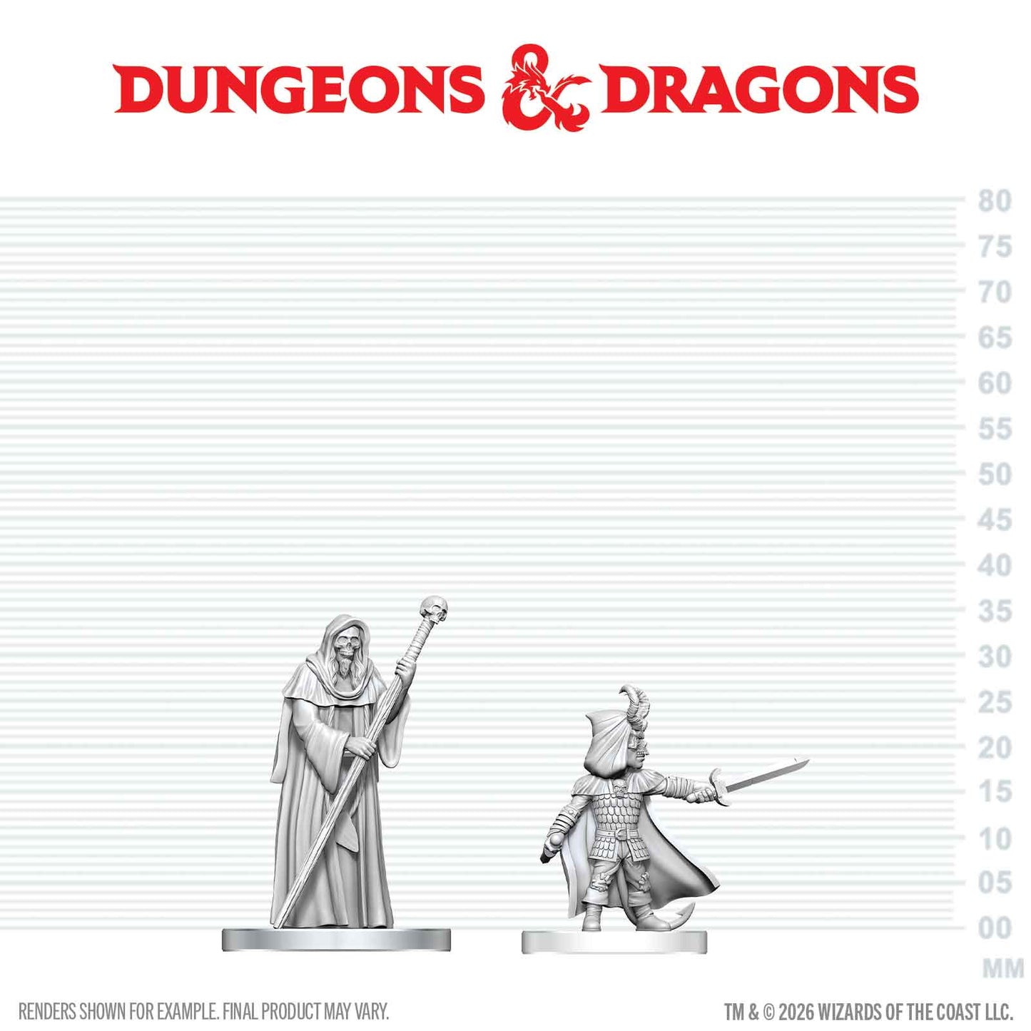 Two miniature figures on a scale with Dungeons & Dragons logo above