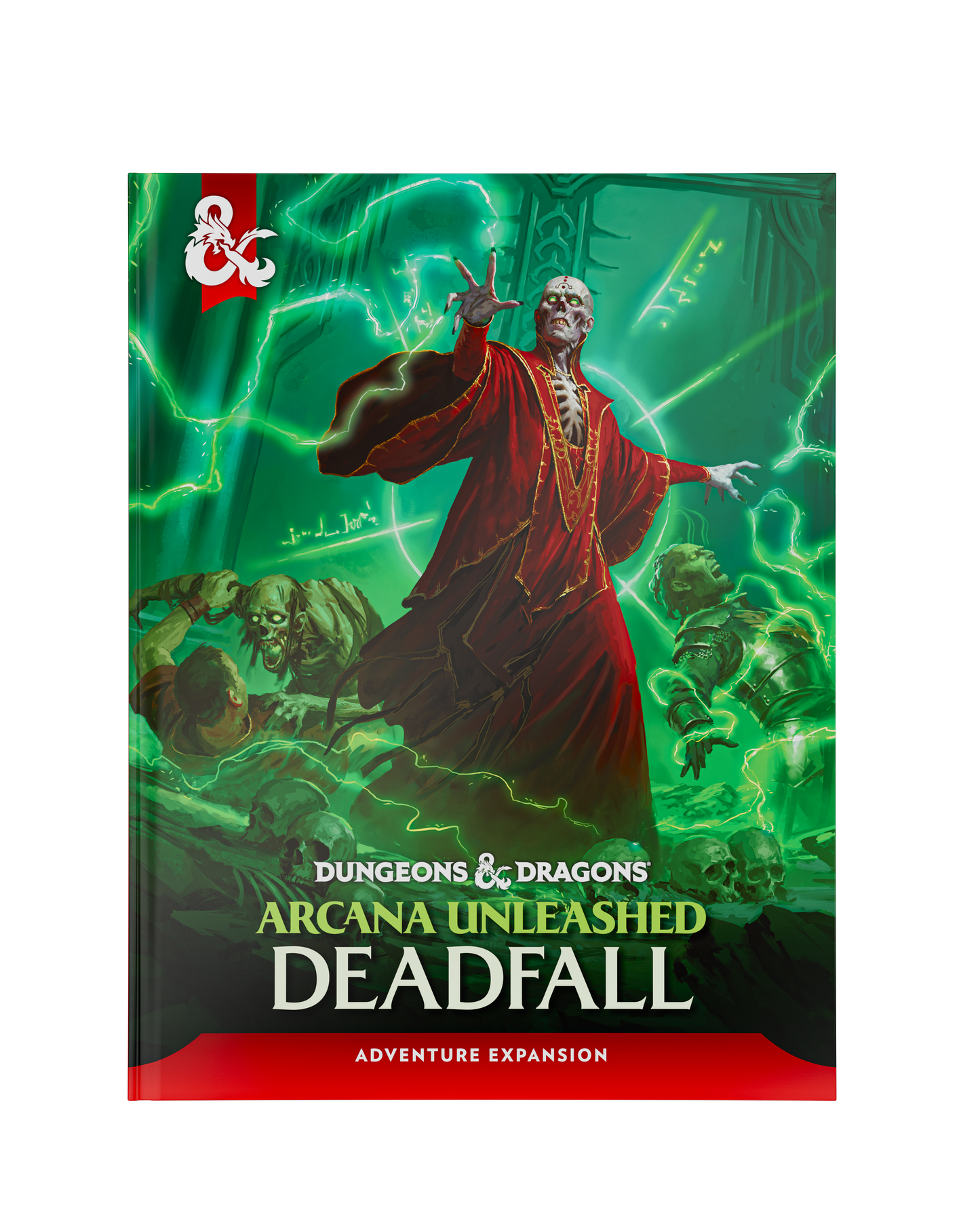 Dungeons & Dragons Arcana Unleashed Deadfall adventure expansion book cover, featuring a green magical scene with a central figure in a red robe and the red D&D logo in the top left.