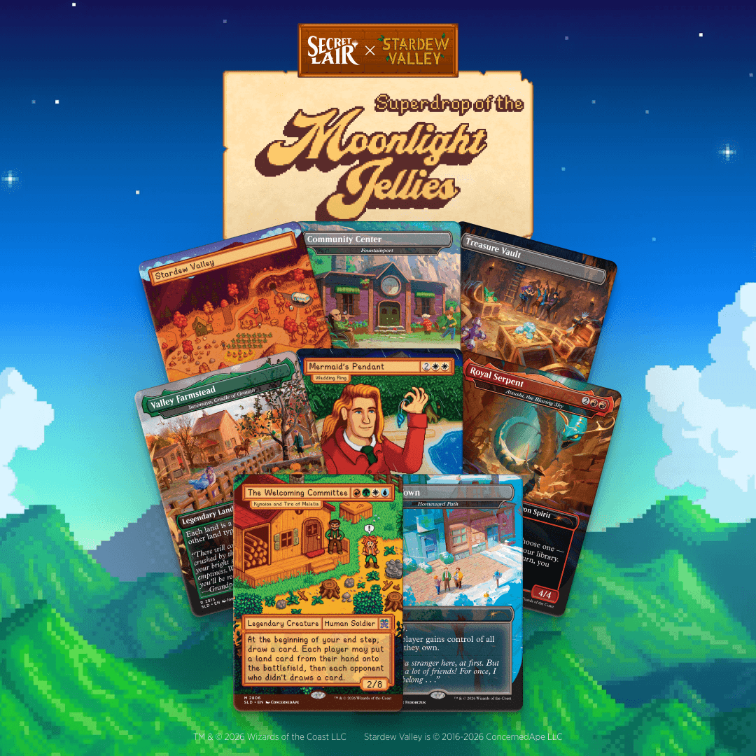 A promotional collage for Starlight Jellies cards from Superdry x Starwood Valley, showing several illustrated trading cards fanned out in front of a stylized blue sky and green mountain background.