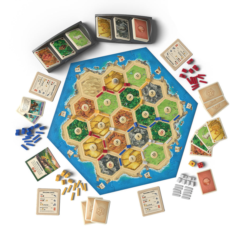 Board game with colorful hexagonal tiles and various game pieces on a white background