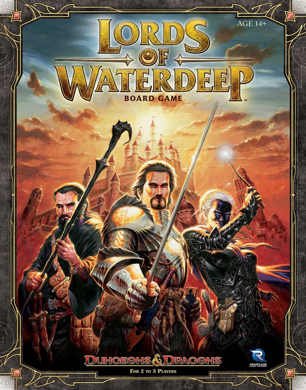 Cover of 'Lords of Waterdeep' board game featuring characters with weapons and a castle in the background.