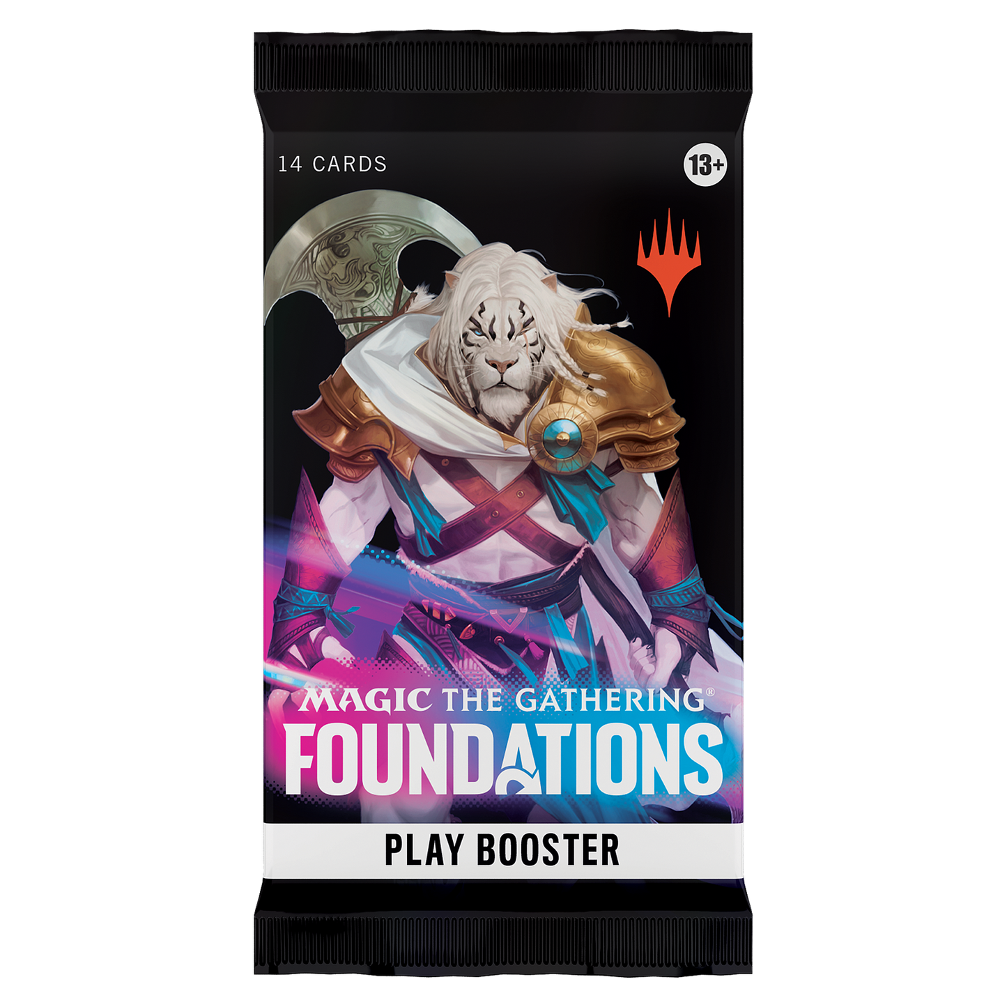 Magic the Gathering Foundations play booster pack with a lion character on the cover.