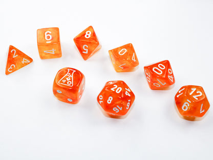 Lab Dice 6: Borealis Blood Orange/white Luminary Polyhedral 7-Die Set (with bonus die)