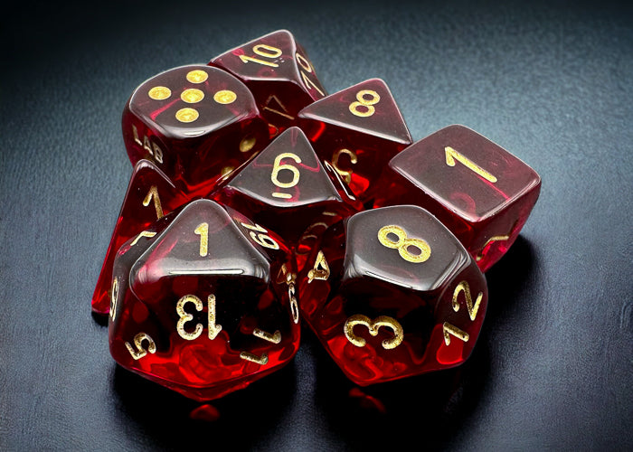 Lab Dice 7: Translucent Crimson/gold Polyhedral 7-Die Set (with bonus die)