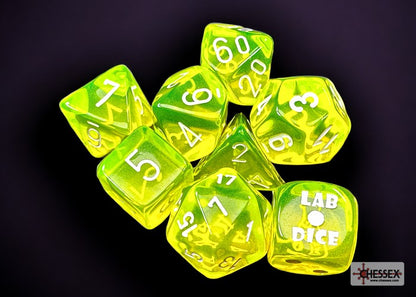 Lab Dice 7: Translucent Polyhedral Neon Yellow/white 7-Die Set (with bonus die)