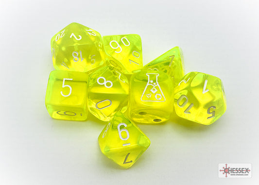 Lab Dice 7: Translucent Polyhedral Neon Yellow/white 7-Die Set (with bonus die)