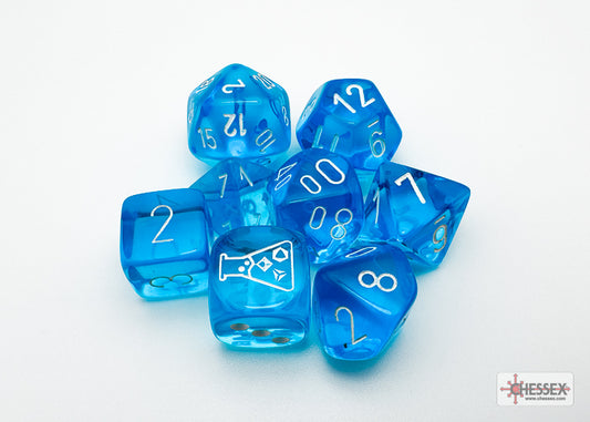 Lab Dice 7: Translucent Polyhedral Tropical Blue/white 7-Die Set (with bonus die)