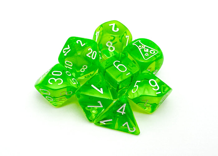 Lab Dice 7: Translucent Polyhedral Rad Green/white 7-Die Set (with bonus die)