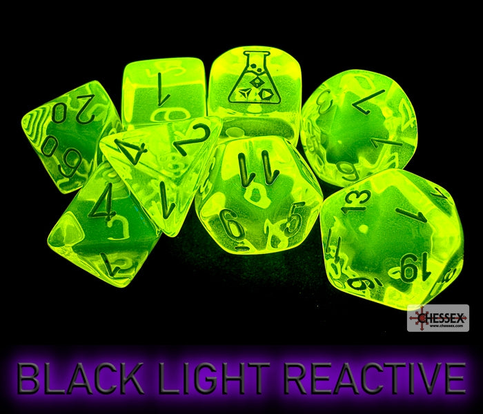 Lab Dice 7: Translucent Polyhedral Neon Yellow/white 7-Die Set (with bonus die)