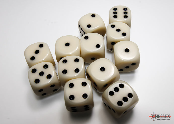 Opaque Ivory/black 16mm d6 Dice Block (12 dice)