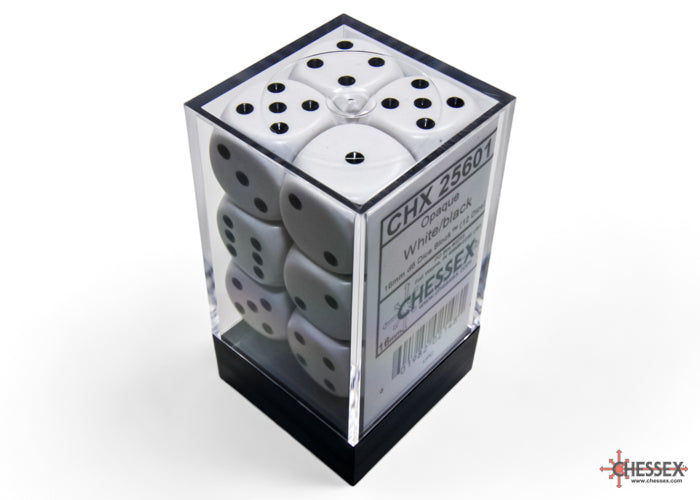 Opaque White/black 16mm d6 Dice Block (12 dice)