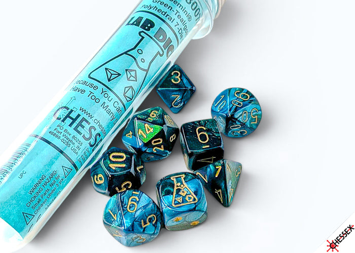 Lab Dice 10: Gemini Green-Teal/gold Polyhedral 7-Dice Set (with bonus die)
