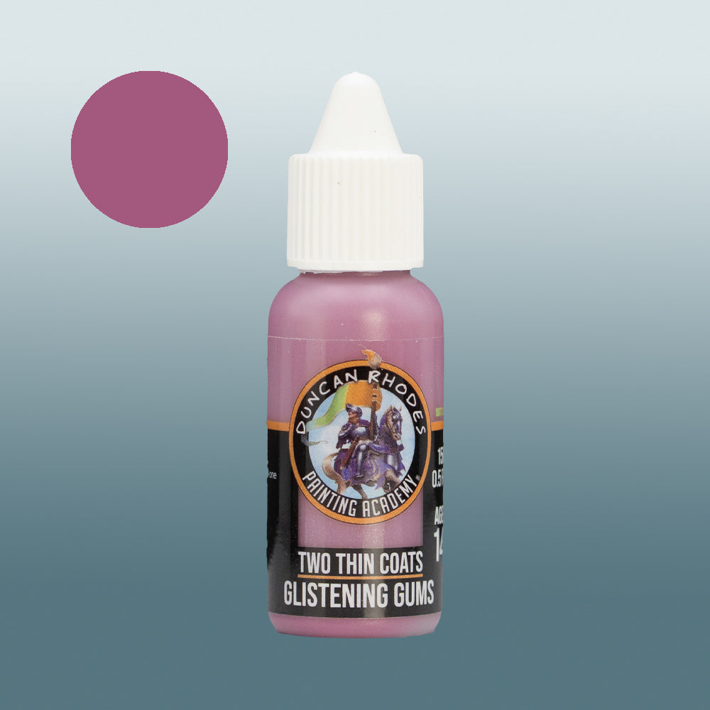 Two Thin Coats Paint Bottle and Color Swatch for Glistening Gums
