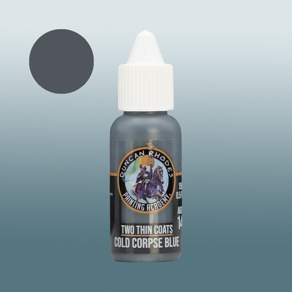 Two Thin Coats Paint Bottle and Color Swatch for Cold Corpse Blue