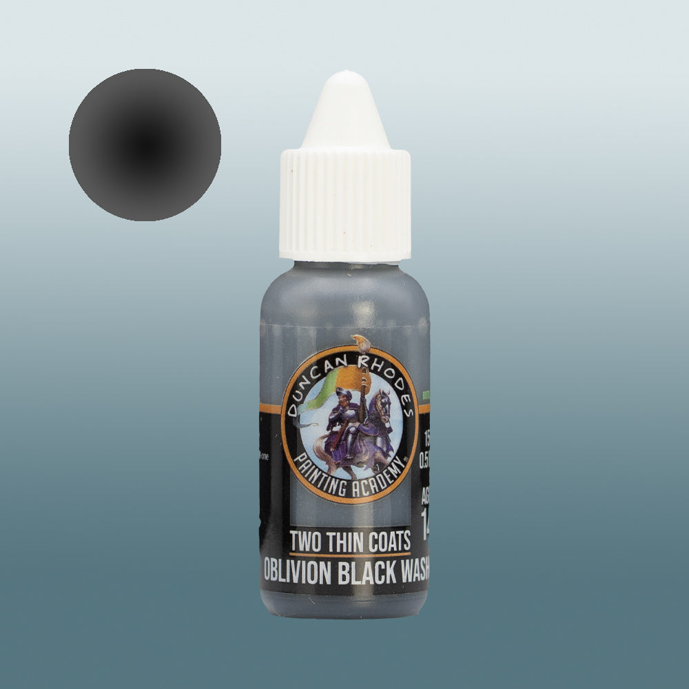 Two Thin Coats Paint Bottle and Color Swatch for Oblivion Black Wash