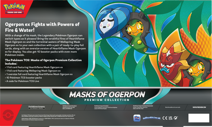 Pokémon Ogerpon trading card game premium collection packaging with characters and text.
