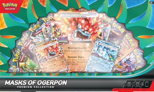 Pokémon trading card game packs with 'Masks of Ogerpon' theme on a colorful background