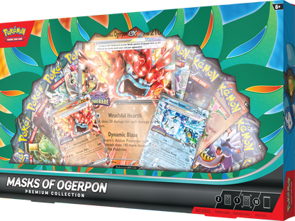 Pokémon trading card game packaging with cards and artwork on a colorful background