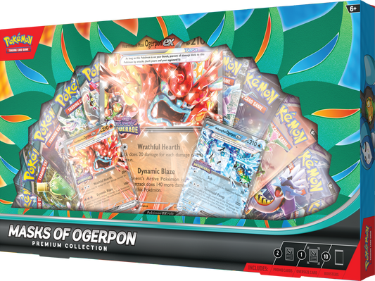 Pokémon trading card game packaging with cards and artwork on a colorful background