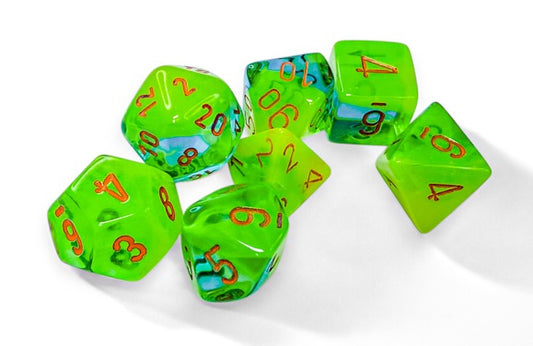 Gemini: Polyhedral Plasma Green-Teal/orange Luminary 7-Die Set