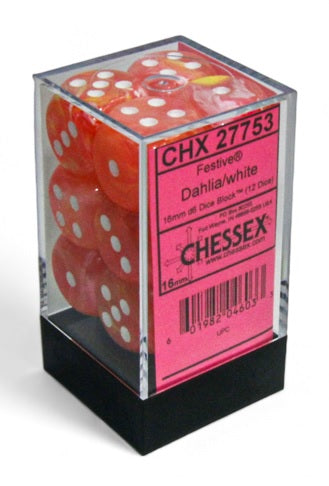 Festive: 16mm d6 Dahlia/white Luminary Dice Block (12 dice)