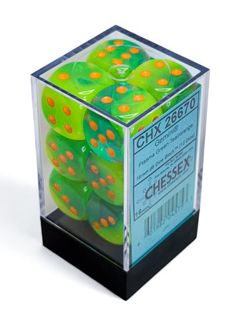 Gemini: 16mm d6 Plasma Green-Teal/orange Luminary Dice Block (12 dice)